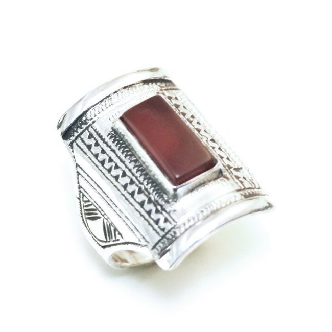 Bague argent 925 touareg rectangle chevalière et Cornaline - Niger 107