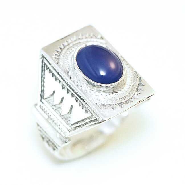 Bague argent 925 touareg rectangle chevalière et Agate bleue foncée - Niger 114