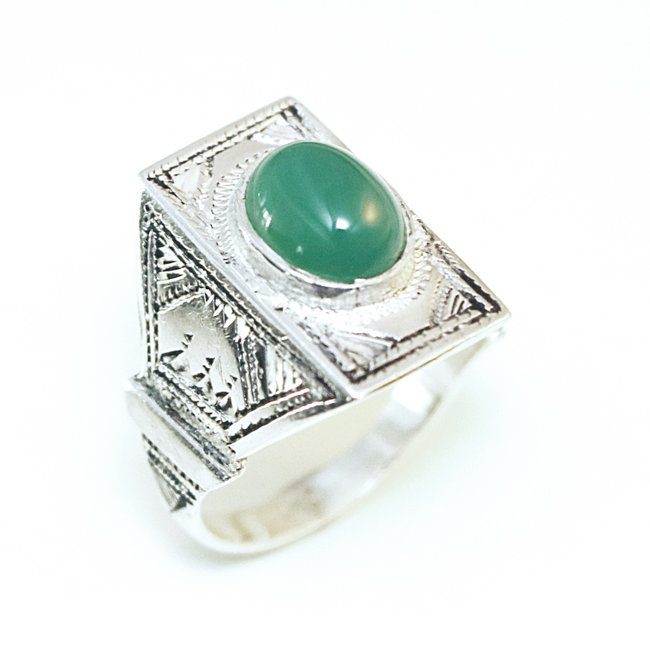 Bague argent 925 touareg rectangle chevalière et Agate verte - Niger 114