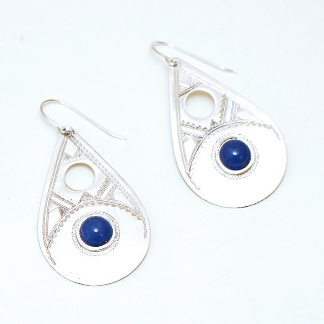 Boucles d'oreilles argent 925 touareg gouttes ajourées et Lapis-Lazuli - Niger 043