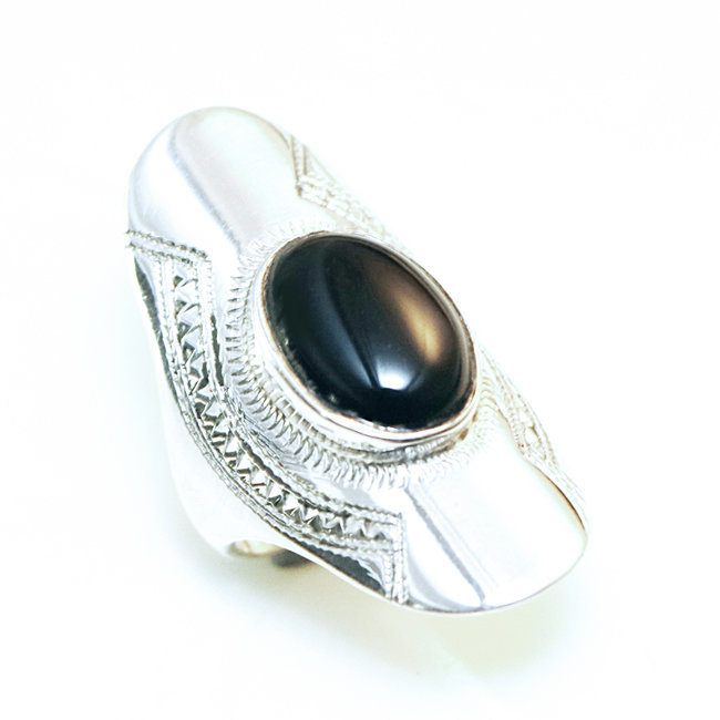 Bague argent 925 touareg navette longue et Onyx - Niger 116