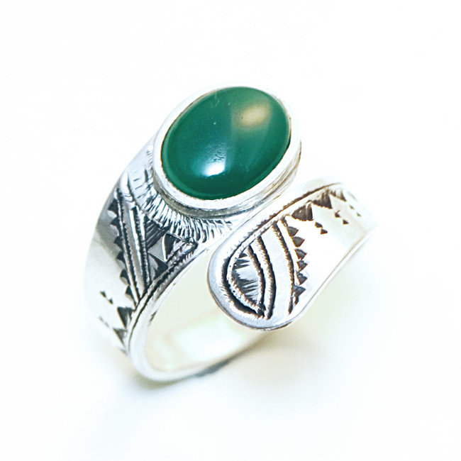 Bague argent 925 touareg réglable croisée ruban Agate verte - Niger 131