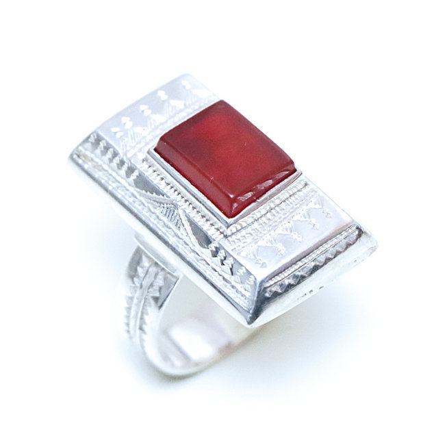 Bague argent 925 touareg rectangle chevalière et Cornaline - Niger 153