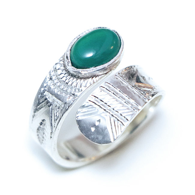 Bague argent 925 touareg réglable croisée ruban Agate verte - Niger 160