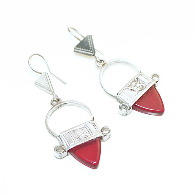 Boucles d'oreilles touareg Croix du Sud Ingall argent 925 et verre rouge - Niger 017