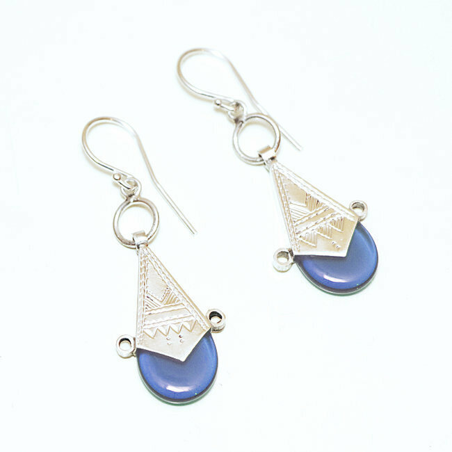 Boucles d'oreilles touareg croix d'ingall argent 925 et verre bleu Maya - Niger 029