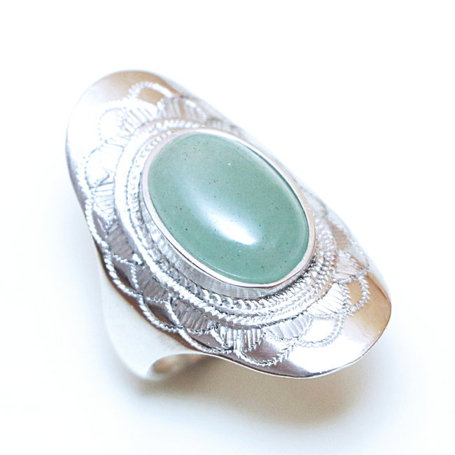 Bague argent massif 925 touareg ovale navette fleur et Aventurine - Niger 073