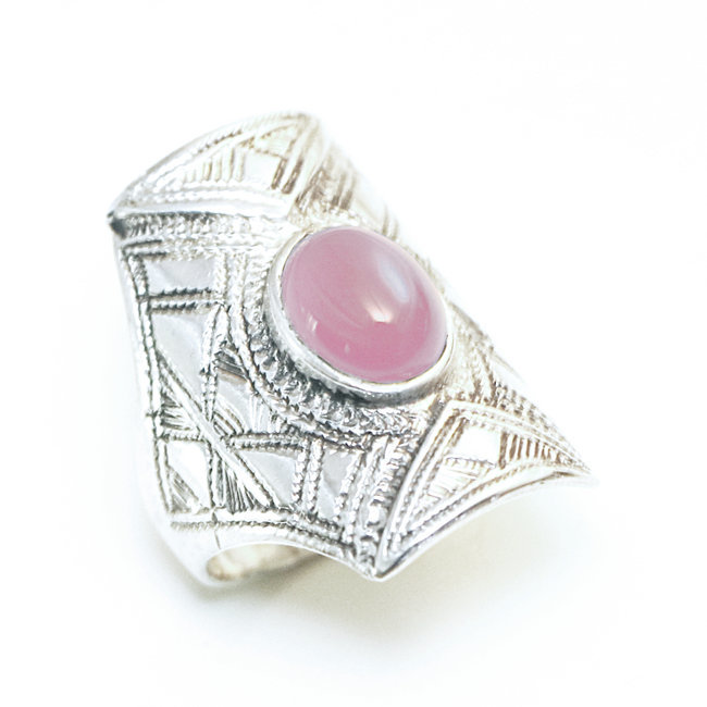 Bague argent 925 touareg rectangle chevalière et Quartz rose - Niger 105