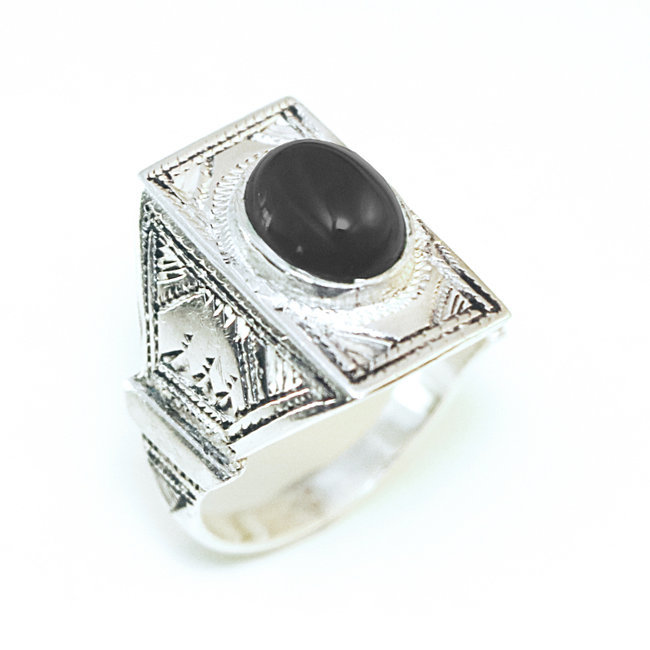 Bague argent 925 touareg rectangle chevalière et Onyx - Niger 114