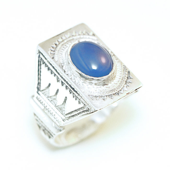 Bague argent 925 touareg rectangle chevalière et Agate bleue - Niger 114