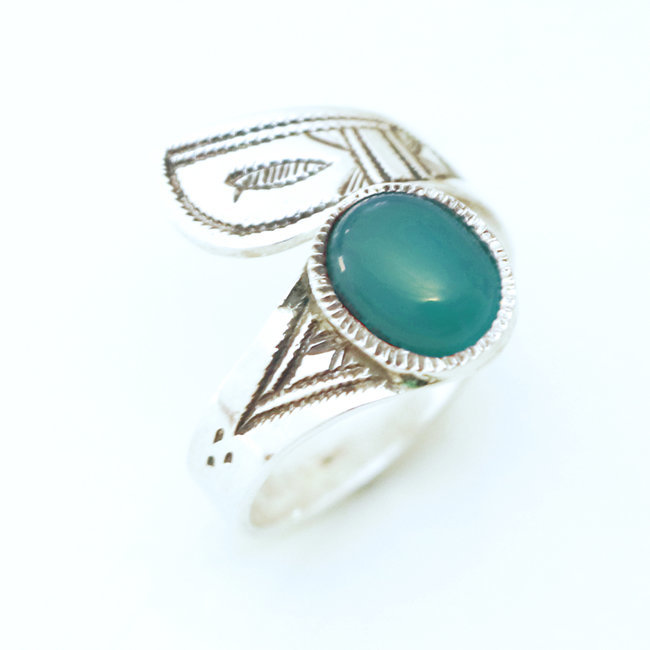 Bague touareg argent 925 croisée réglable ruban Agate verte - Niger 033