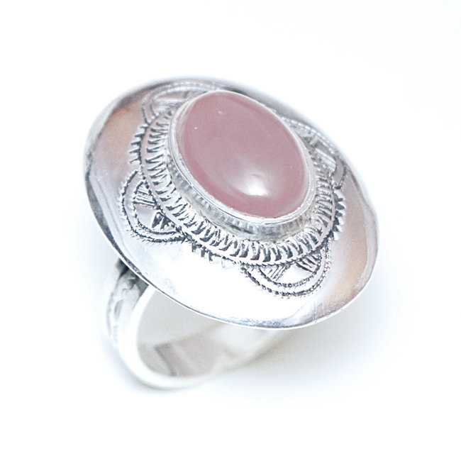 Bague argent massif 925 touareg ovale gravée et Quartz rose - Niger 068