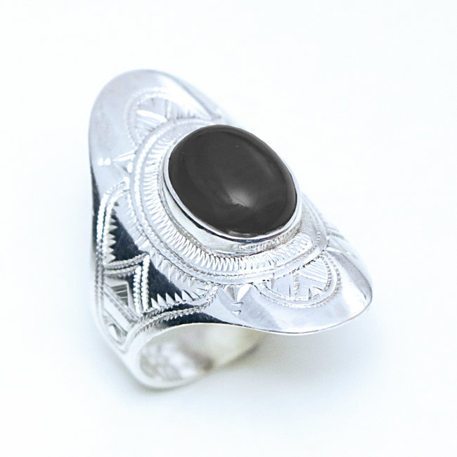 Bague argent 925 touareg ovale navette longue et Onyx - Niger 147