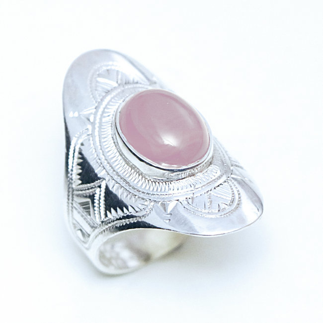 Bague argent 925 touareg ovale navette longue et Quartz rose - Niger 147