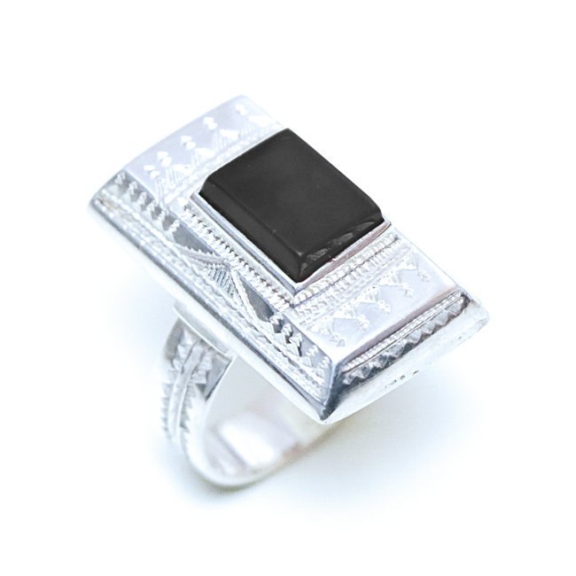 Bague argent 925 touareg rectangle chevalière et Onyx - Niger 153