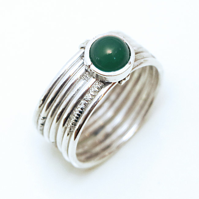 Bague argent massif 925 touareg semainier rond et Agate verte - Niger 077