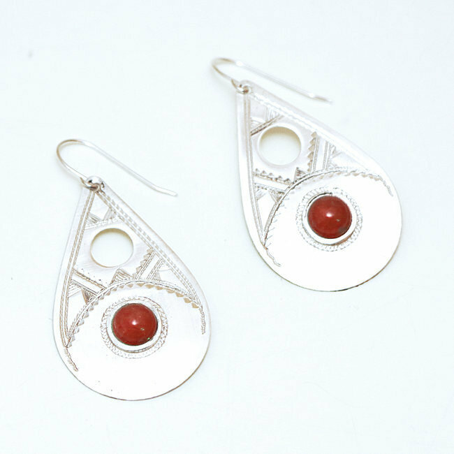 Boucles d'oreilles argent 925 touareg gouttes ajourées et Cornaline - Niger 043