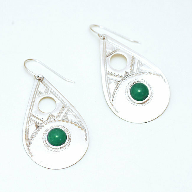 Boucles d'oreilles argent 925 touareg gouttes ajourées et Agate verte - Niger 043