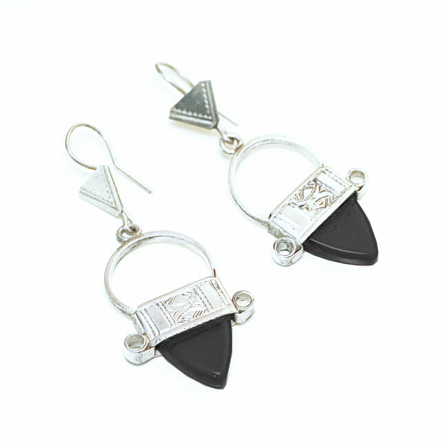 Boucles d'oreilles touareg Croix du Sud Ingall argent 925 et verre noir - Niger 017