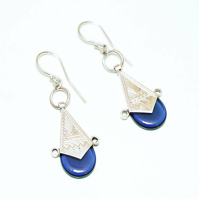 Boucles d'oreilles argent 925 touareg croix d'ingall et verre bleu foncé - Niger 029