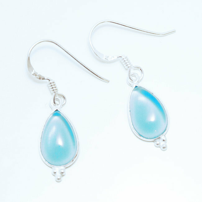 Boucles d'oreilles argent massif 925 gouttes et Cristal turquoise - Inde 021