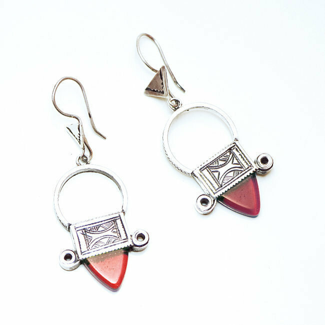 Boucles d'oreilles argent massif 925 touareg Croix du Sud Ingall et verre rouge - Niger 039