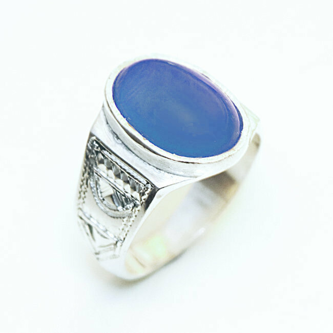 Bague argent 925 touareg chevalière ovale et Agate bleue - Niger 138