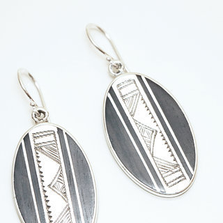 Bijoux ethniques touareg boucles d'oreilles en argent 925 ovales graves et bois bne - 002 b