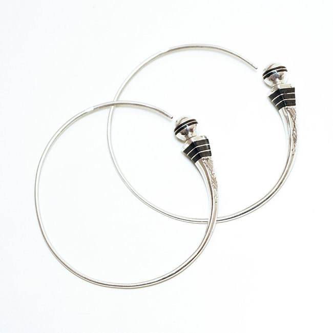 Boucles d'oreilles argent massif 925 touareg créoles et ébène 4 cm - Niger 006