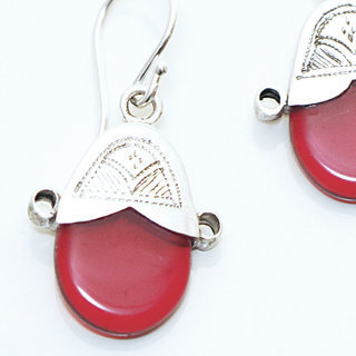 Bijoux ethniques touareg boucles d'oreilles gravées argent 925 et pierre Verre rouge - 003 b