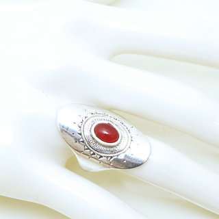 Bijoux ethniques touareg argent bague argent 925 massif femme pierres semi-prcieuses Cornaline orange longue navette grave - Niger 005b