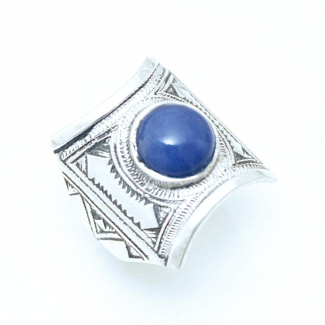 Bague argent massif 925 touareg carrée chevalière et Agate bleue - Niger 007