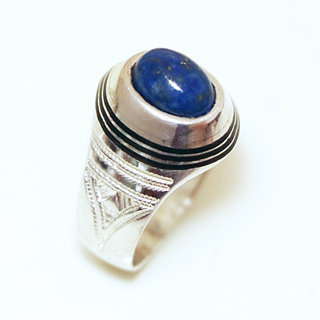 Bijoux ethniques touareg bague argent massif 925 homme femme chevalire pierres semi-prcieuses Lapis-Lazuli bleu fonc ovale bois d'bne personnalise - Niger 008a