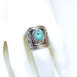 Bijoux ethniques indiens bague en argent 925 homme femmes large filigranes et pierre fine ovale turquoise naturelle vritable rglable ajustable ouverte npalais - Npal 001 c