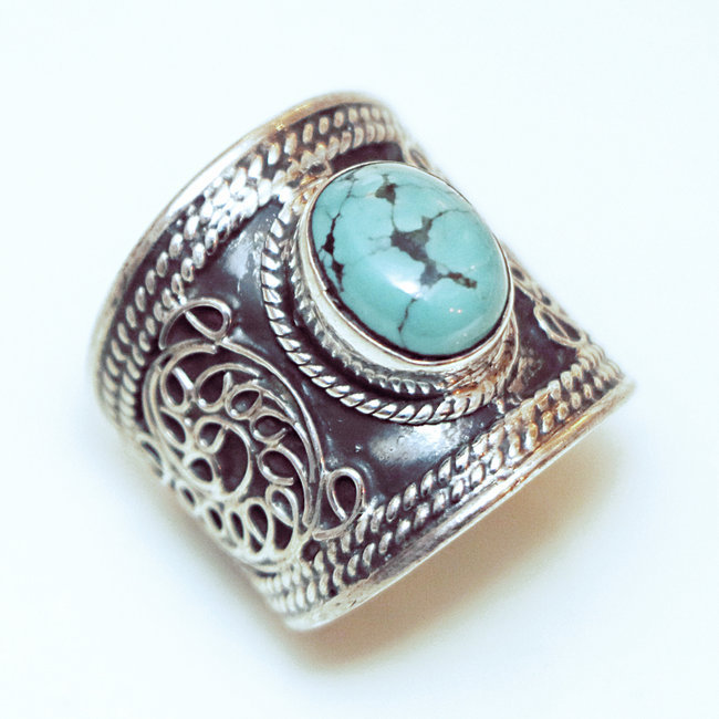 Bague argent massif 925 large filigranes et Turquoise naturelle - Népal 001