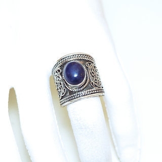 Bijoux ethniques indiens bague en argent 925 homme femmes large filigranes et pierre fine ovale lapis lazuli bleu rglable ajustable ouverte npalais - Npal 001 b