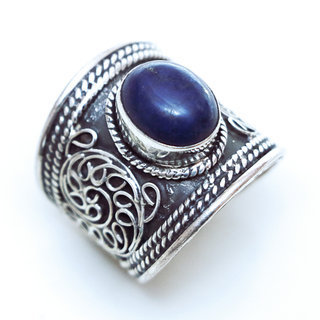 Bijoux ethniques indiens bague en argent 925 homme femmes large filigranes et pierre fine ovale lapis lazuli bleu rglable ajustable ouverte npalais - Npal 001