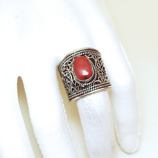 Bijoux ethniques indiens bague en argent 925 homme femmes large filigranes et pierre fine ovale Corail rouge rglable ajustable ouverte npalais - Npal 001 b