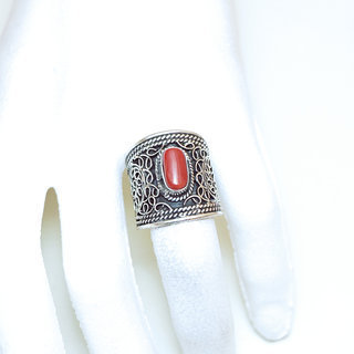 Bijoux ethniques indiens bague en argent 925 homme femmes large filigranes et pierre fine ovale Corail rouge fin rglable ajustable ouverte npalais - Npal 002 b