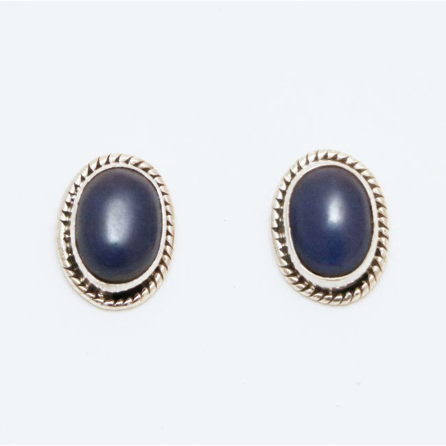 Boucles d'oreilles argent massif 925 clous ovales et Lapis Lazuli - Inde 024