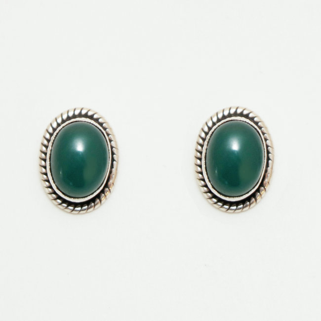 Boucles d'oreilles argent massif 925 clous ovales et Agate verte - Inde 024