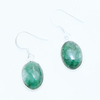 Bijoux Indiens Ethniques boucles d'oreilles ovale argent 925 et pierre fine Corindon Vert Emeraude - Inde 003