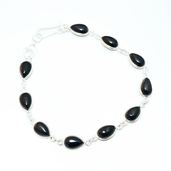 Bracelet fin en argent 925 et chaîne gouttes et Onyx - Inde 002