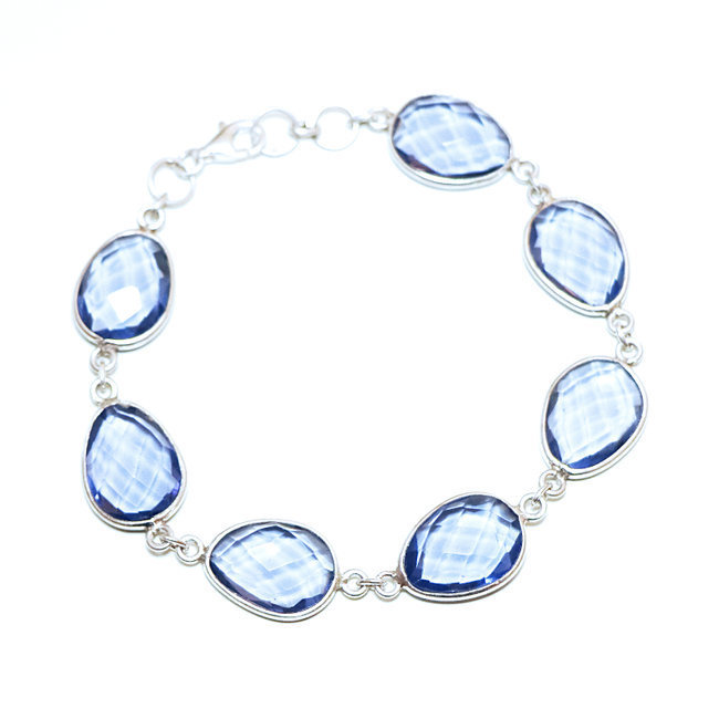 Bracelet chaîne facettes argent 925 et Cristal bleu Iolite - Inde 004
