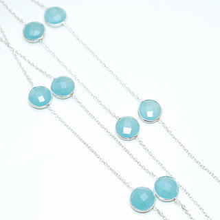 Bijoux Indiens Ethniques sautoir collier chaine en argent 925 pierres fines facettes rond - Inde 001 Cornaline bleue b