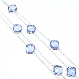 Bijoux Indiens Ethniques sautoir collier chaine en argent 925 losanges facettes pierre fine - Inde 004 Iolite bleue b