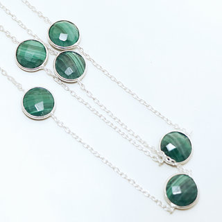 Bijoux Indiens Ethniques sautoir collier chane en argent 925 et pierre fine ronds facettes - Inde 006 Malachite b