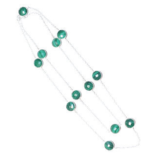 Bijoux Indiens Ethniques sautoir collier chane en argent 925 et pierre fine ronds facettes - Inde 006 Malachite