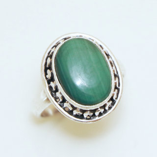 Bijoux ethniques Indiens bague argent 925 et pierre fine ovale - 011 Malachite