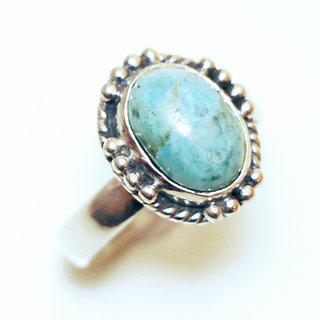 Bijoux ethniques Indiens bague cabochon argent 925 filigranes et pierre fine ovale Turquoise - Inde 016 